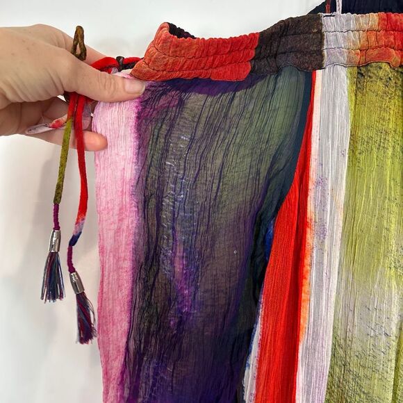 Anthropologie Floreat Dress Large Green Red Blue Watercolor Off Shoulder Flowy - Picture 7 of 16